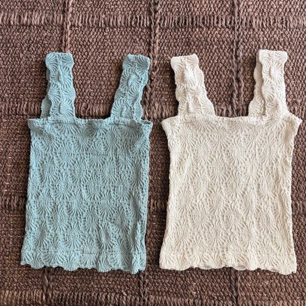 Textured Smocked Tank Top - Blue and Cream